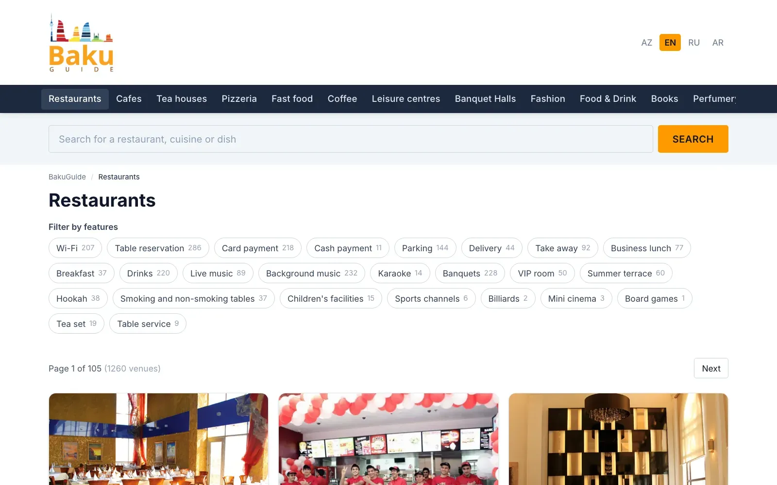 The Restaurants category page, with rows of feature filter buttons such as Wi-Fi, Parking, Live music and Summer terrace, each showing how many venues match