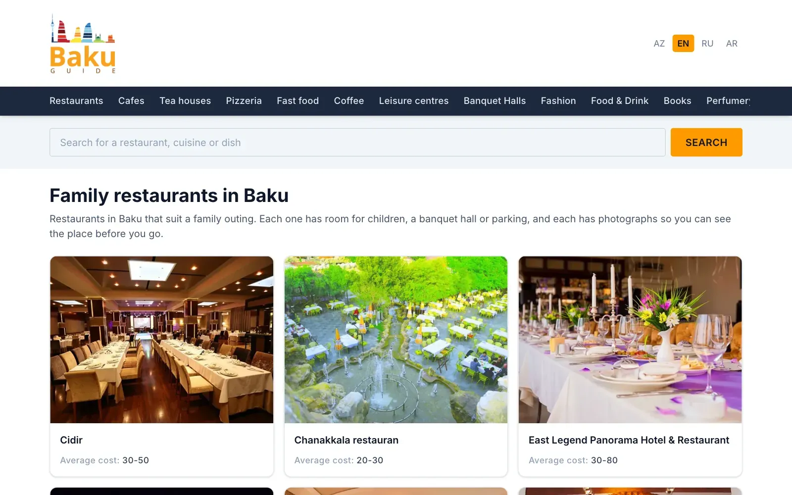 The Family restaurants in Baku collection page, with a short introduction and cards for each restaurant showing a photo and its average cost