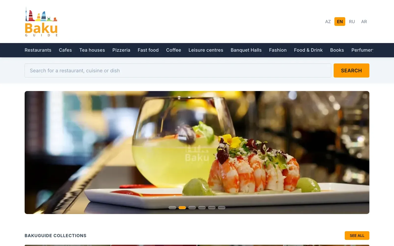The BakuGuide home page in English, with the category menu, the venue search field and a photo slideshow of Baku venues