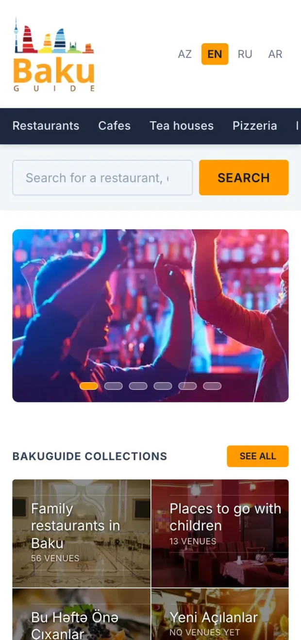 The BakuGuide home page on a phone, with the language switch, a scrollable category menu, the search field and the collection tiles