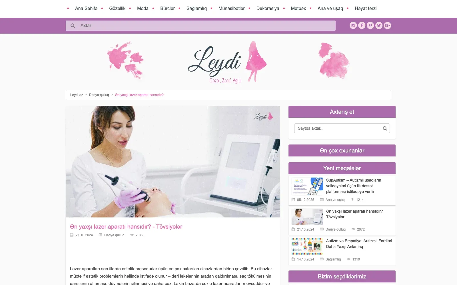 An article about laser devices on Leydi.az, with a large lead image, the date, the section name, a view count and a sidebar of recent articles