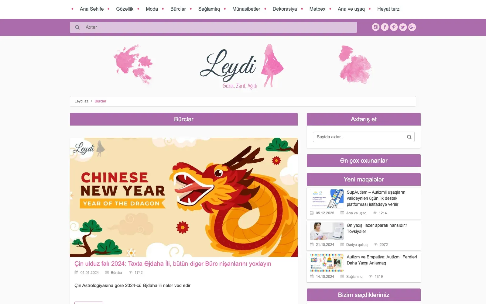 The Horoscopes section of Leydi.az, showing a Chinese zodiac article with its large image, headline and standfirst