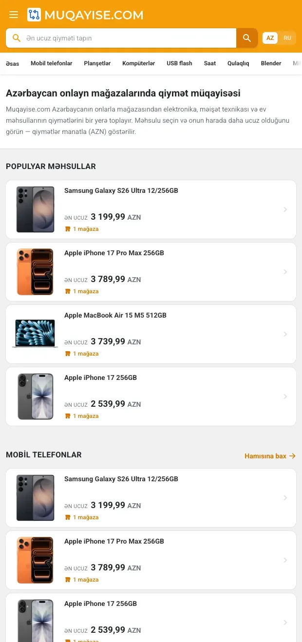 The Muqayise.com home page on a phone, with the search field, a scrollable category menu and rows of products