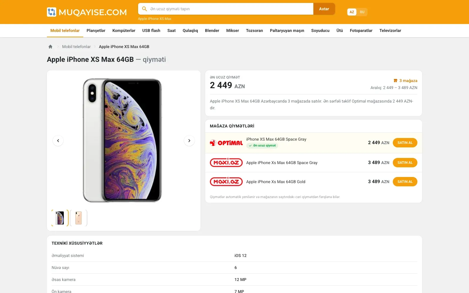 The Apple iPhone XS Max 64GB product page, showing the lowest price, three shop offers and the technical specification table