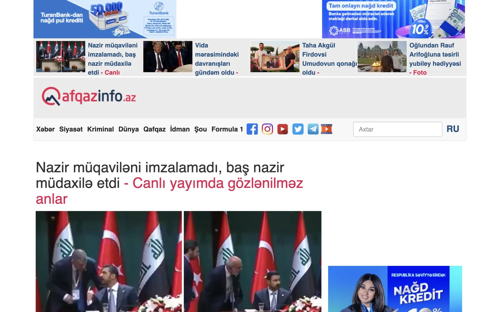 A Qafqazinfo.az article page showing the headline, the photo and the body of the story