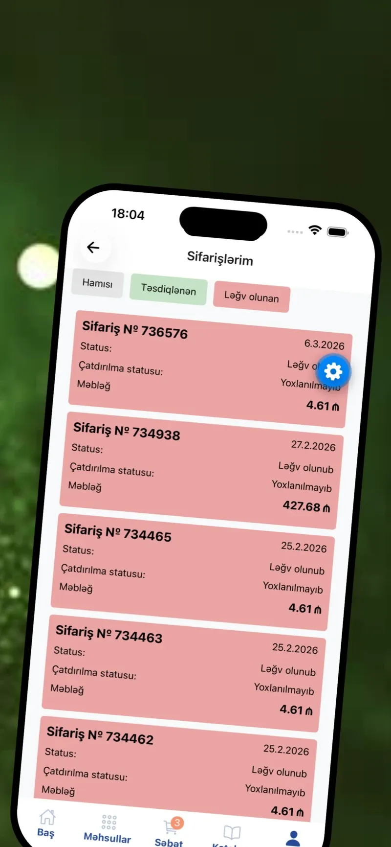 The order history screen in the Viplife app, listing past orders with their number, date, delivery status and amount