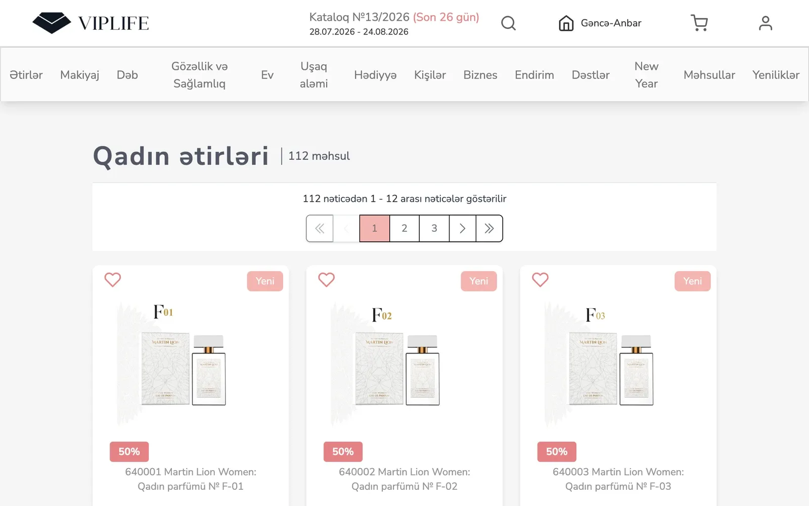 A Viplife.az category page listing women's fragrances with prices, discount badges and paging